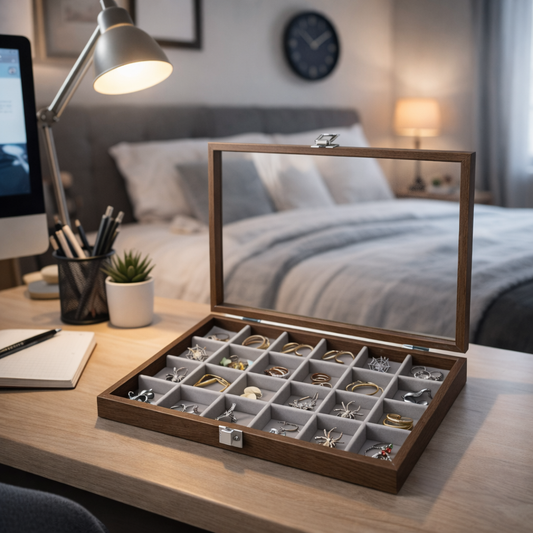 Boîte à bijoux en bois avec couvercle transparent et compartiments