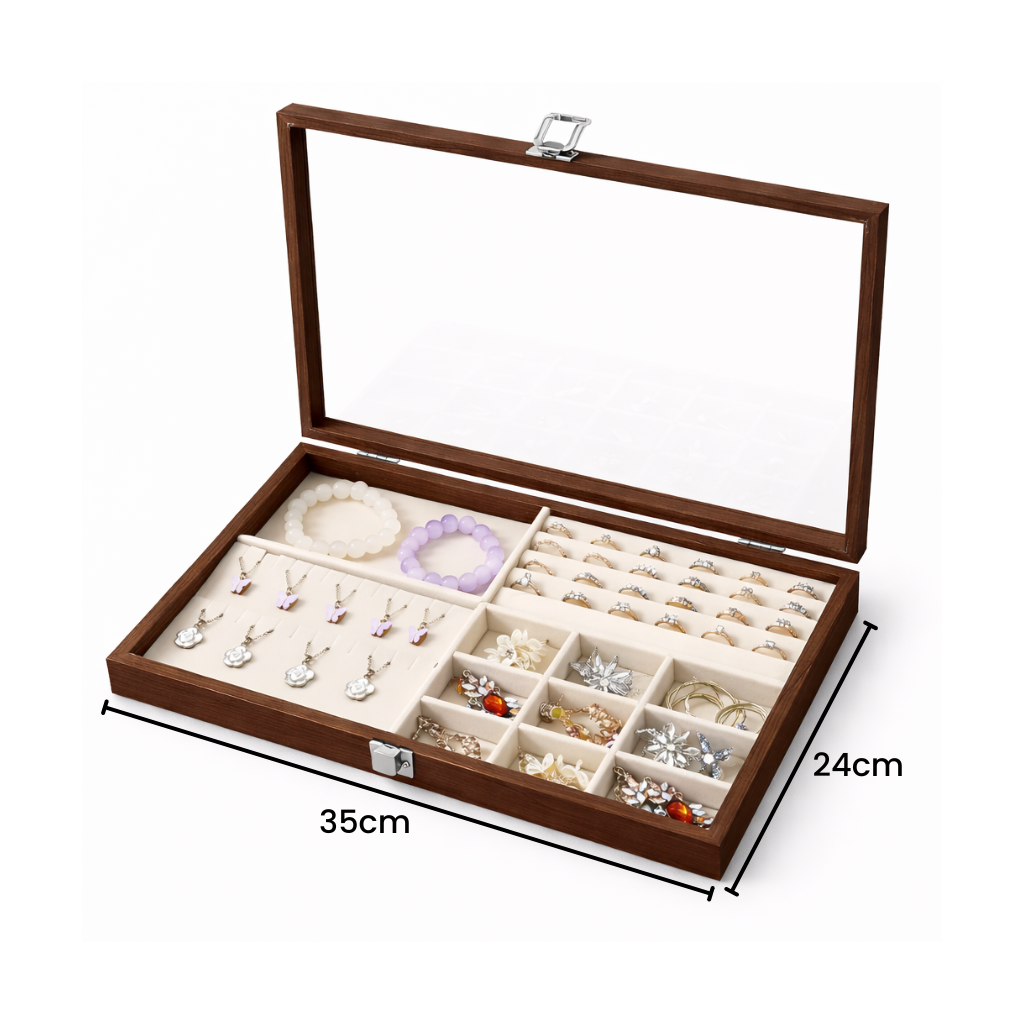 Boîte à bijoux en bois avec couvercle transparent et compartiments