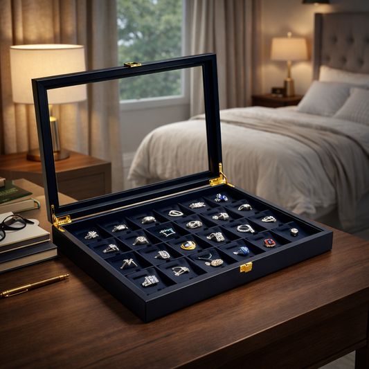 Boîte à bagues avec couvercle transparent et compartiments carrés