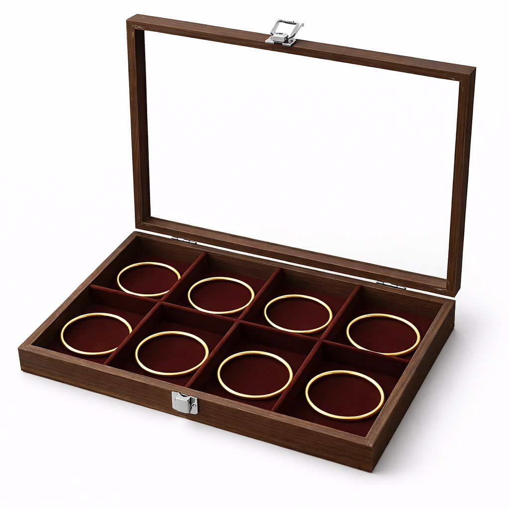 Boîte à bracelets en bois avec couvercle transparent et compartiments