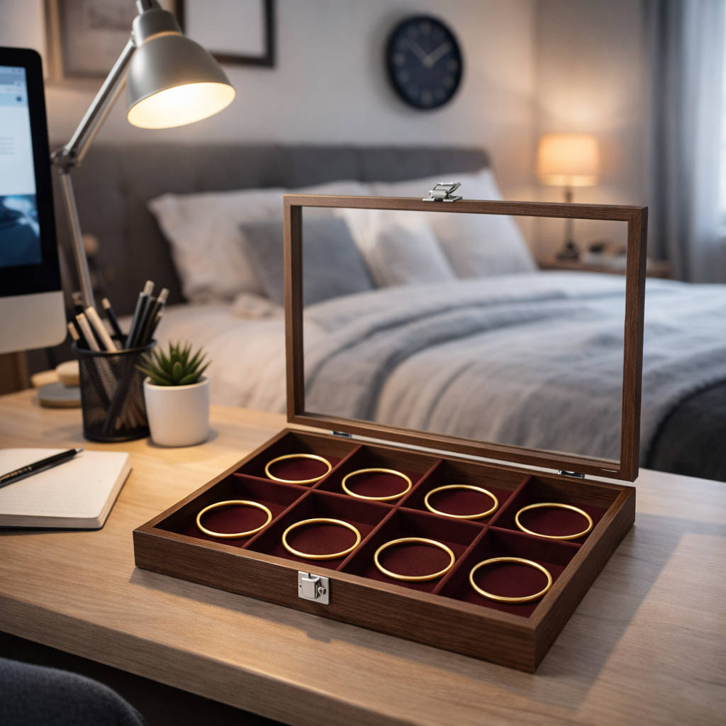 Boîte à bracelets en bois avec couvercle transparent et compartiments