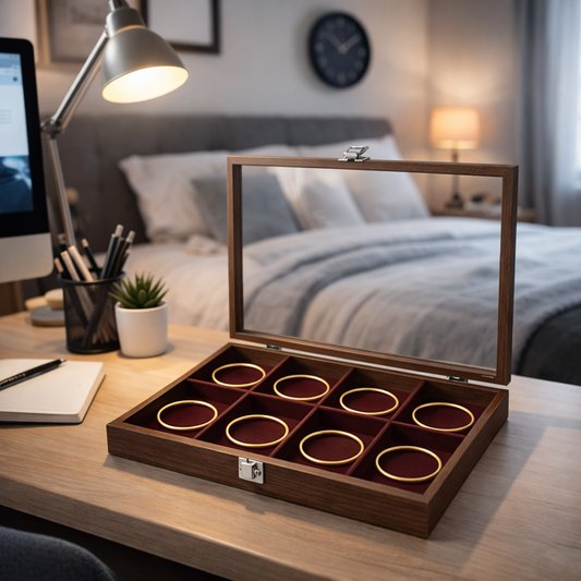 Boîte à bracelets en bois avec couvercle transparent et compartiments