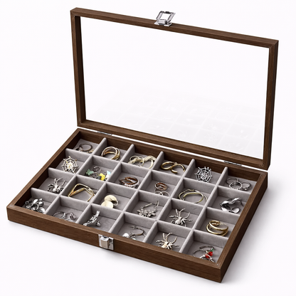 Boîte à bijoux en bois avec couvercle transparent et compartiments