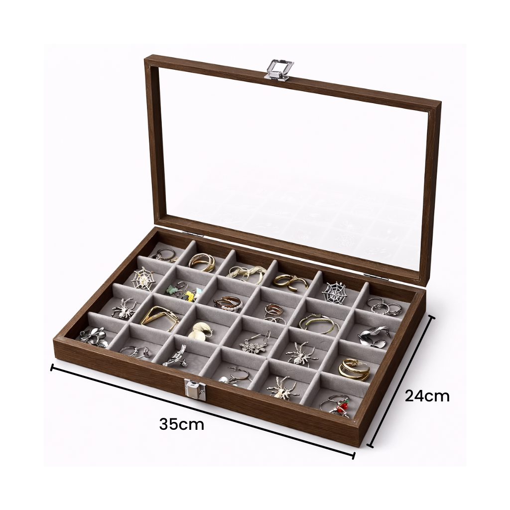 Boîte à bijoux en bois avec couvercle transparent et compartiments
