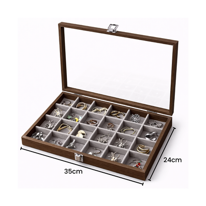 Boîte à bijoux en bois avec couvercle transparent et compartiments