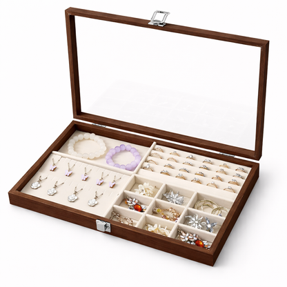 Boîte à bijoux en bois avec couvercle transparent et compartiments