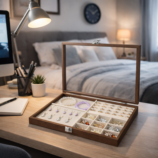 Boîte à bijoux en bois avec couvercle transparent et compartiments