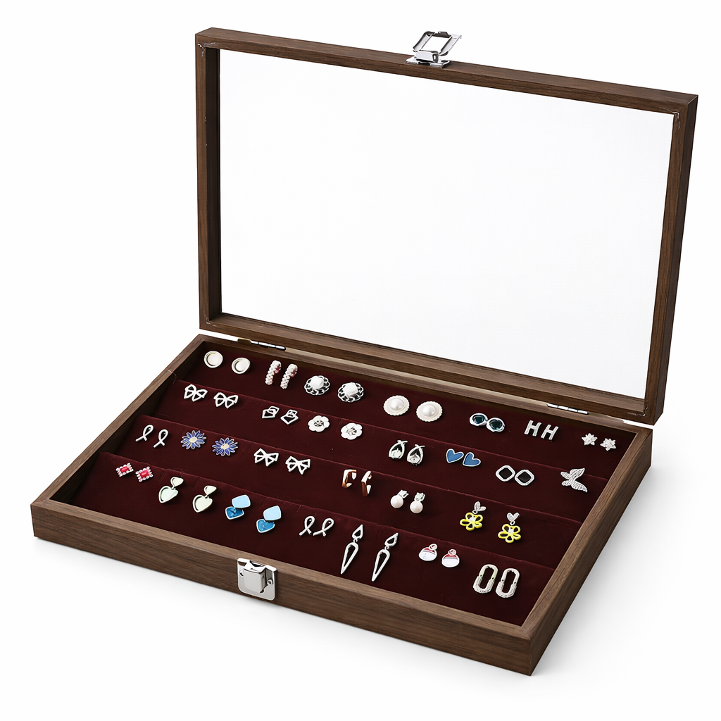 Boîte à boucles d’oreilles en bois avec couvercle transparent et rangées