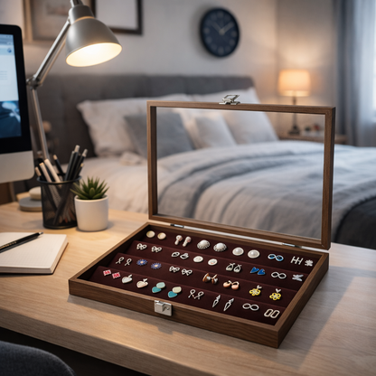 Boîte à boucles d’oreilles en bois avec couvercle transparent et rangées