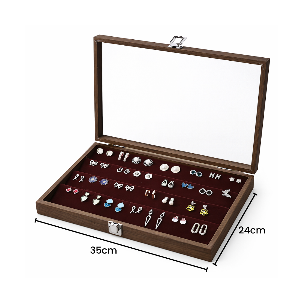 Boîte à boucles d’oreilles en bois avec couvercle transparent et rangées