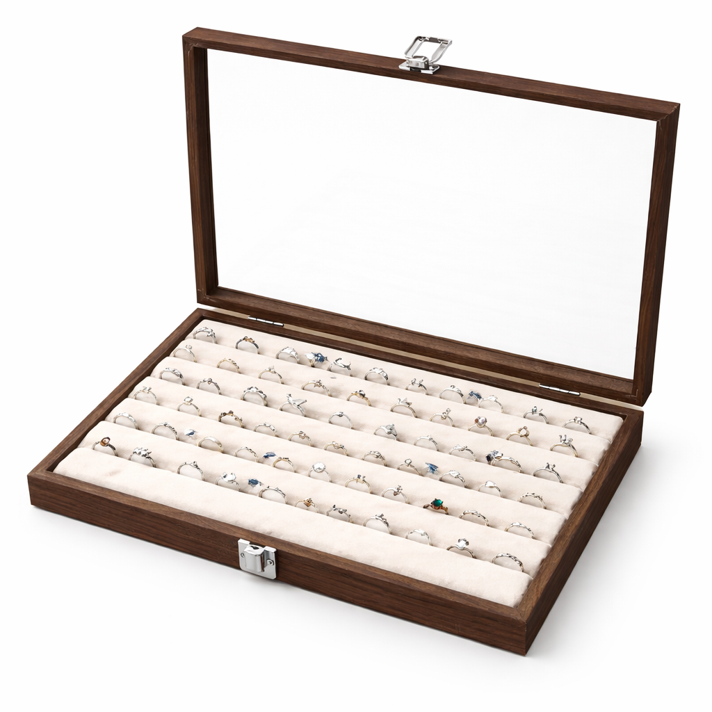 Boîte à bagues en bois avec couvercle transparent et coussins