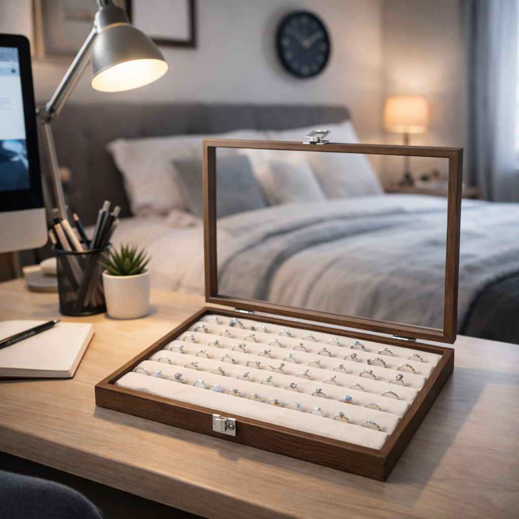 Boîte à bagues en bois avec couvercle transparent et coussins