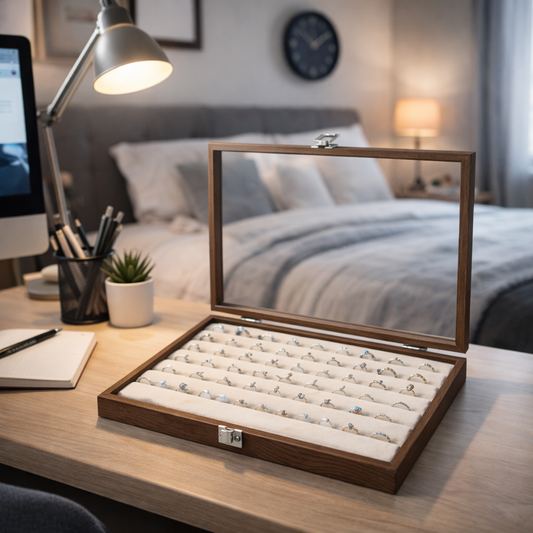 Boîte à bagues en bois avec couvercle transparent et coussins