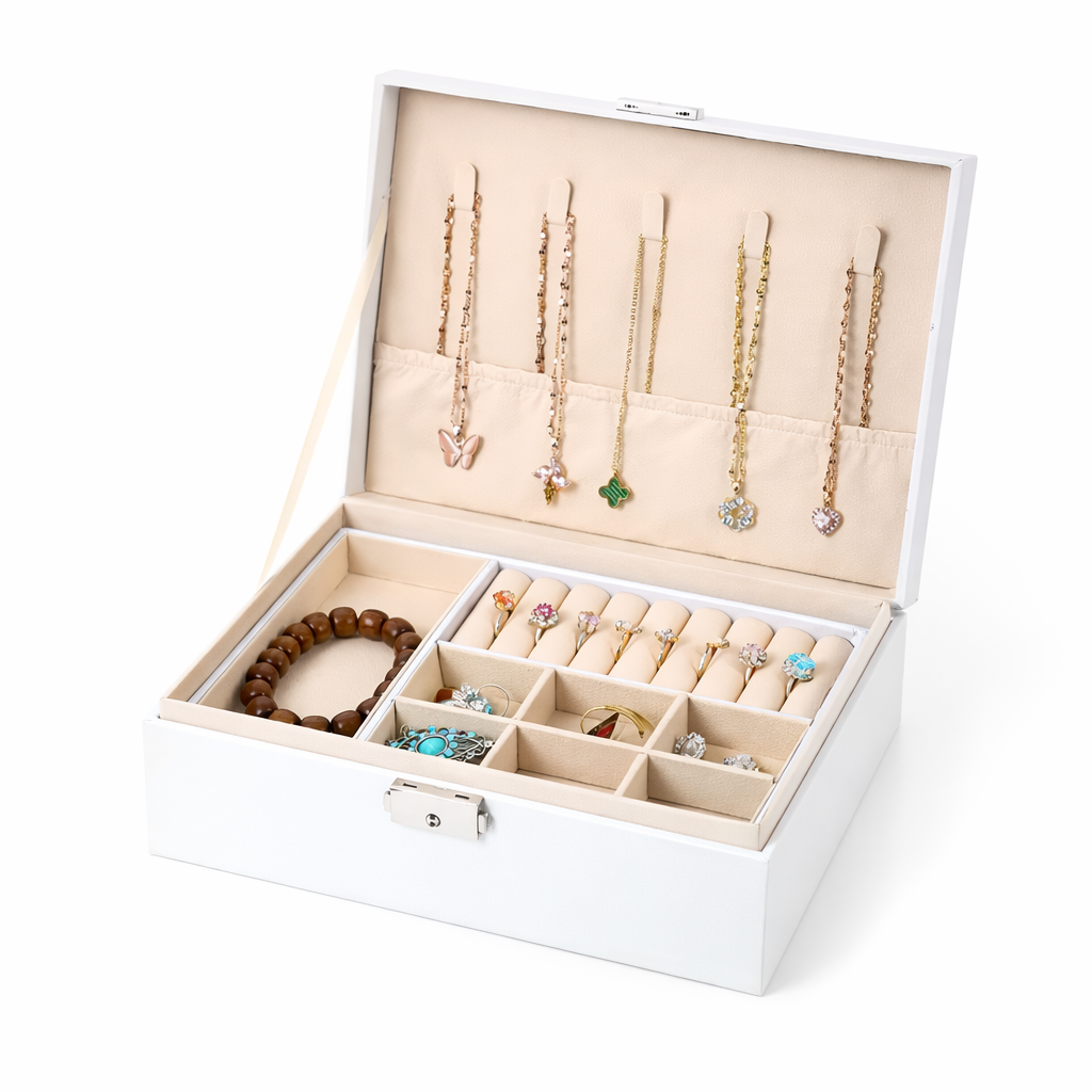 Boîte à bijoux avec compartiments et porte-colliers