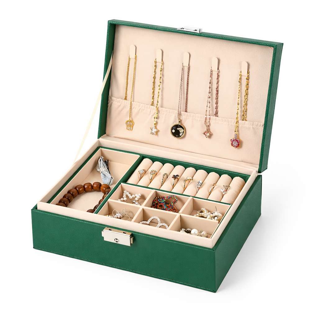 Boîte à bijoux avec compartiments et porte-colliers