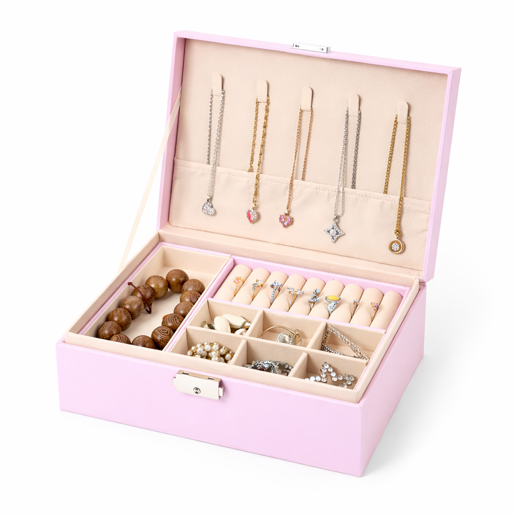 Boîte à bijoux avec compartiments et porte-colliers