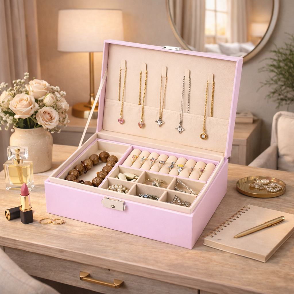 Boîte à bijoux avec compartiments et porte-colliers