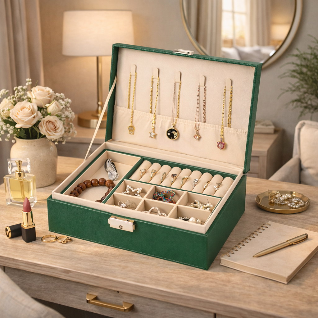 Boîte à bijoux avec compartiments et porte-colliers