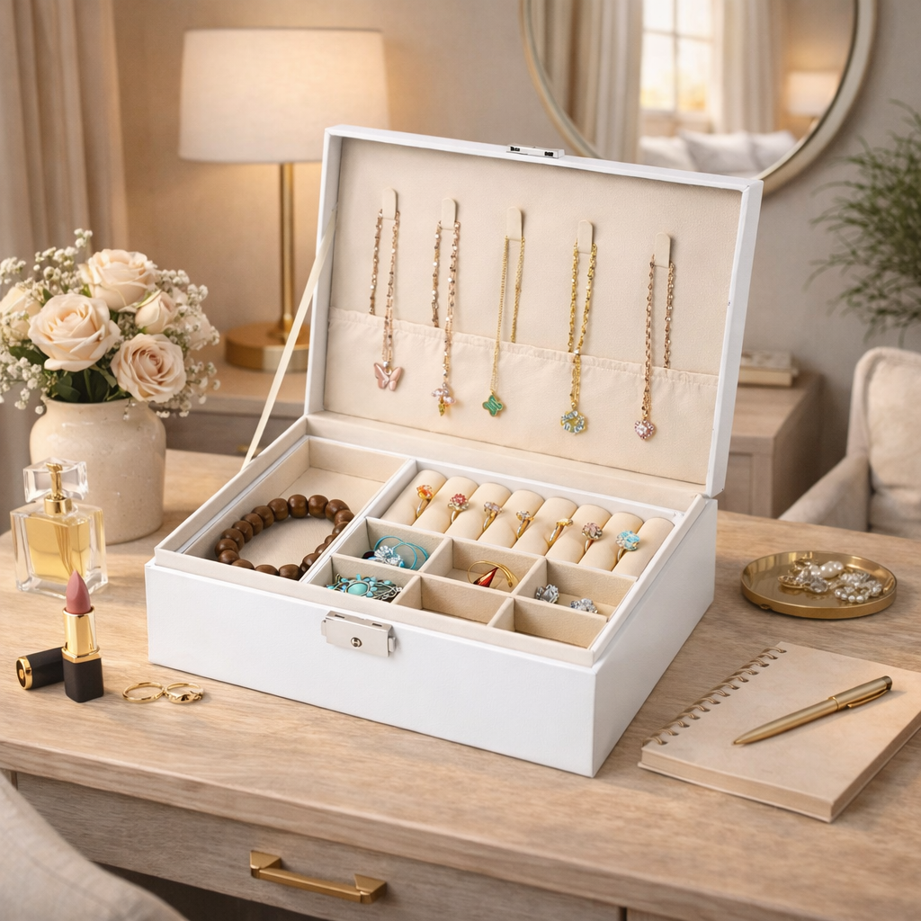 Boîte à bijoux avec compartiments et porte-colliers