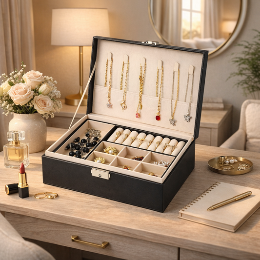 Boîte à bijoux avec compartiments et porte-colliers