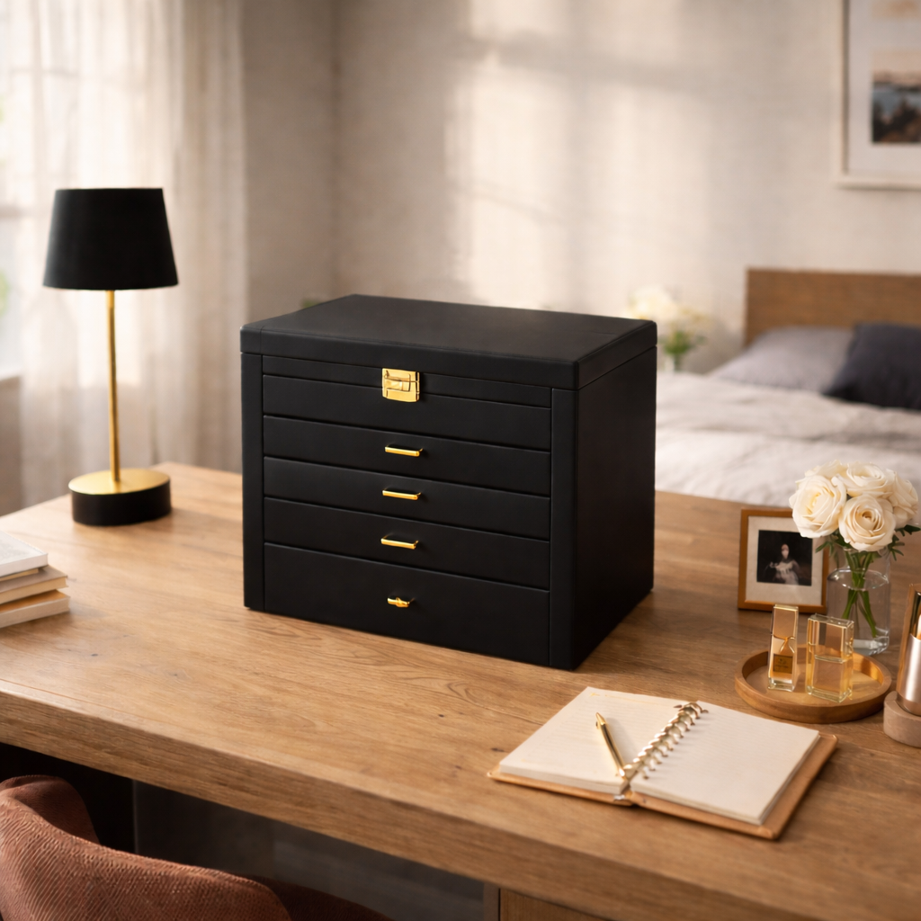 Coffret à bijoux avec tiroirs, miroir et portes latérales