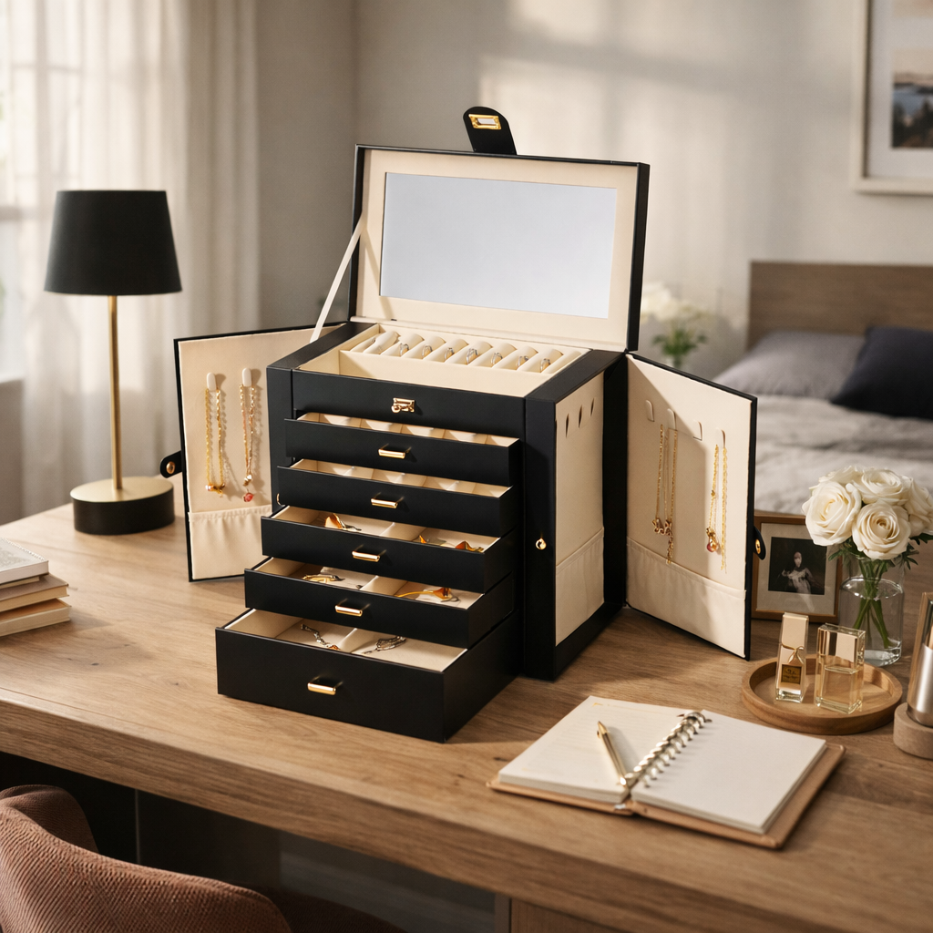 Coffret à bijoux avec tiroirs, miroir et portes latérales