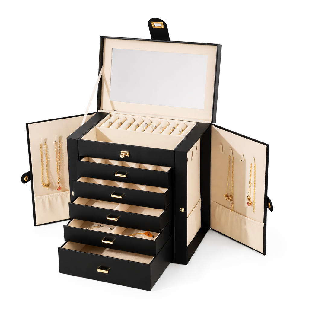 Coffret à bijoux avec tiroirs, miroir et portes latérales