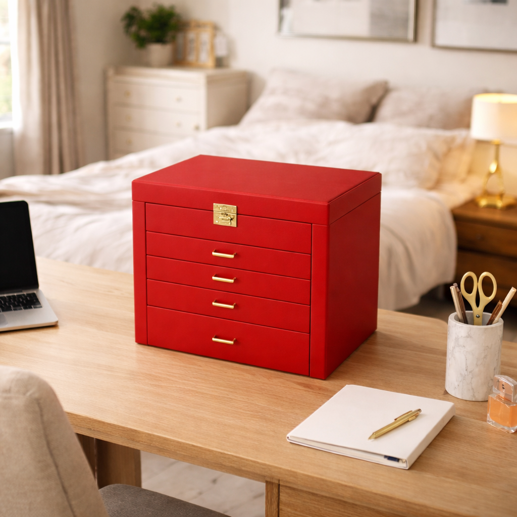 Coffret à bijoux avec tiroirs, miroir et portes latérales