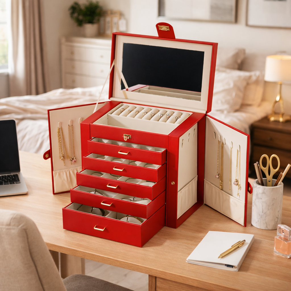 Coffret à bijoux avec tiroirs, miroir et portes latérales