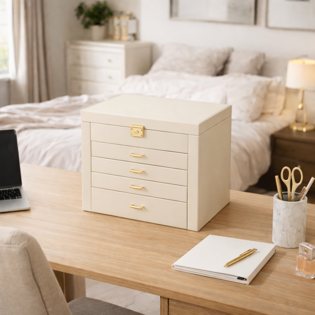 Coffret à bijoux avec tiroirs, miroir et portes latérales