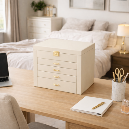 Coffret à bijoux avec tiroirs, miroir et portes latérales