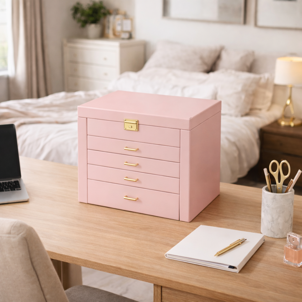 Coffret à bijoux avec tiroirs, miroir et portes latérales