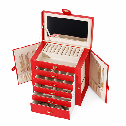 Coffret à bijoux avec tiroirs, miroir et portes latérales