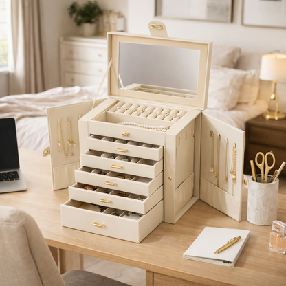 Coffret à bijoux avec tiroirs, miroir et portes latérales