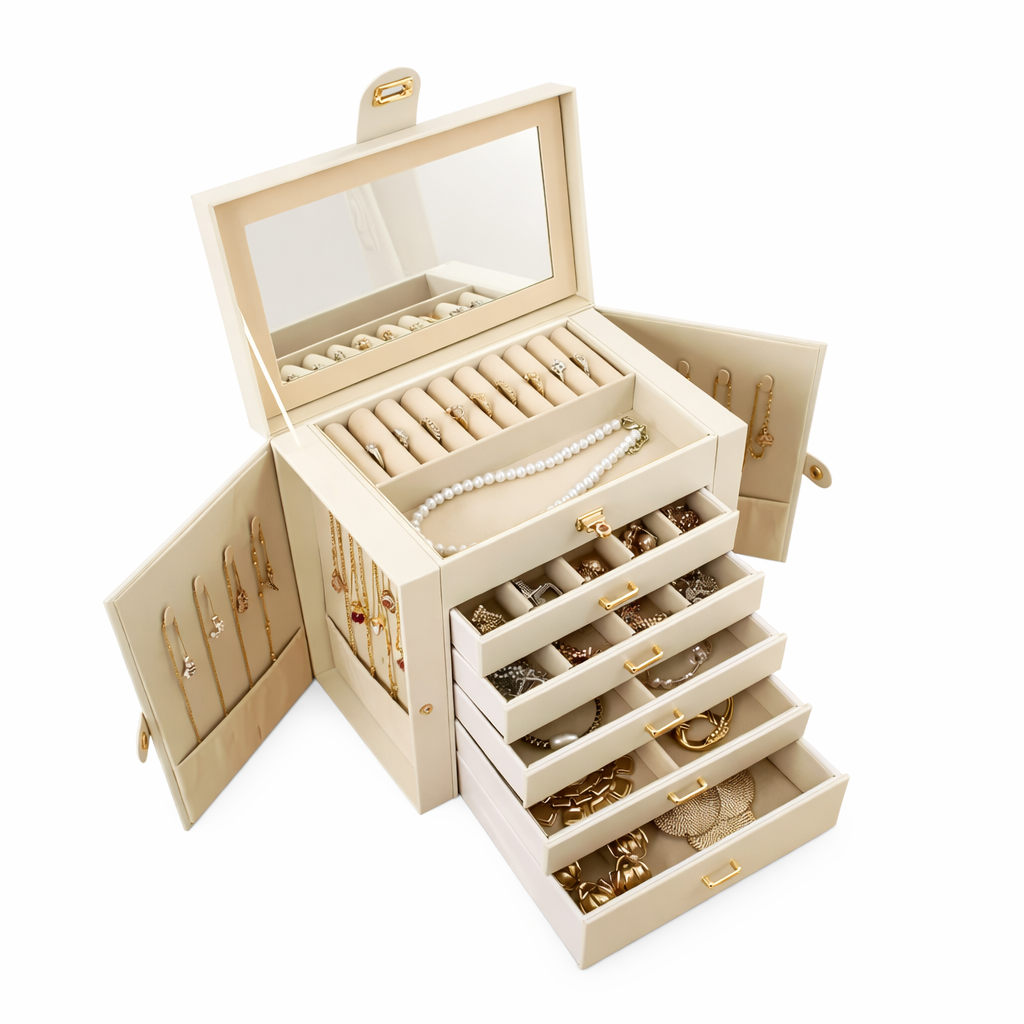 Coffret à bijoux avec tiroirs, miroir et portes latérales