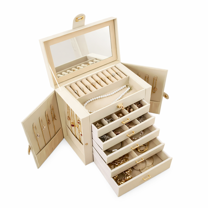 Coffret à bijoux avec tiroirs, miroir et portes latérales