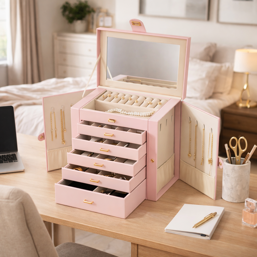 Coffret à bijoux avec tiroirs, miroir et portes latérales