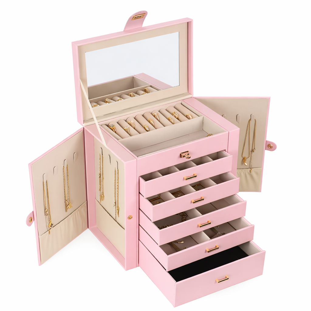 Coffret à bijoux avec tiroirs, miroir et portes latérales