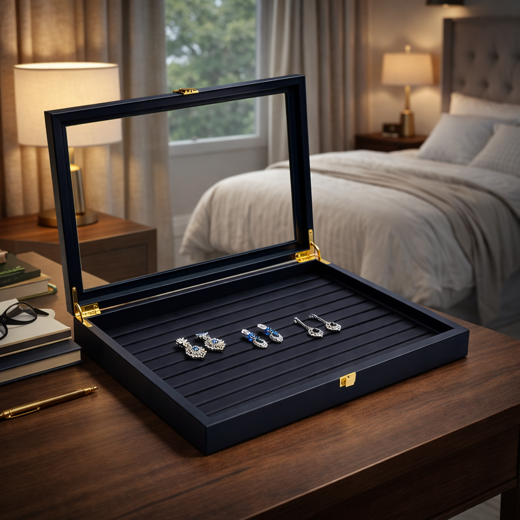 Boîte à colliers noire avec couvercle transparent et surface rainurée