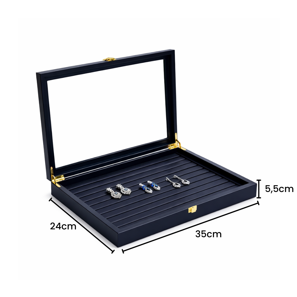 Boîte à colliers noire avec couvercle transparent et surface rainurée