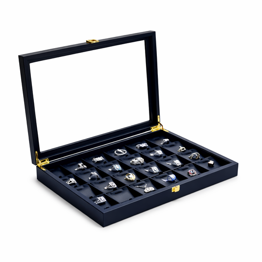 Boîte à bagues avec couvercle transparent et compartiments carrés