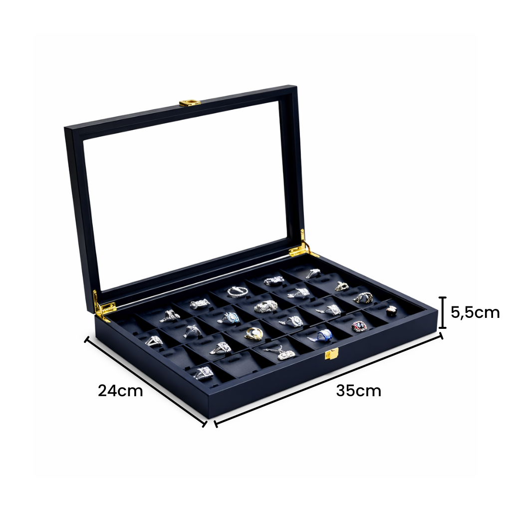 Boîte à bagues avec couvercle transparent et compartiments carrés