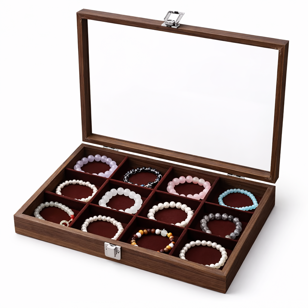 Boîte à bracelets en bois avec couvercle transparent et compartiments