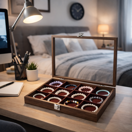 Boîte à bracelets en bois avec couvercle transparent et compartiments