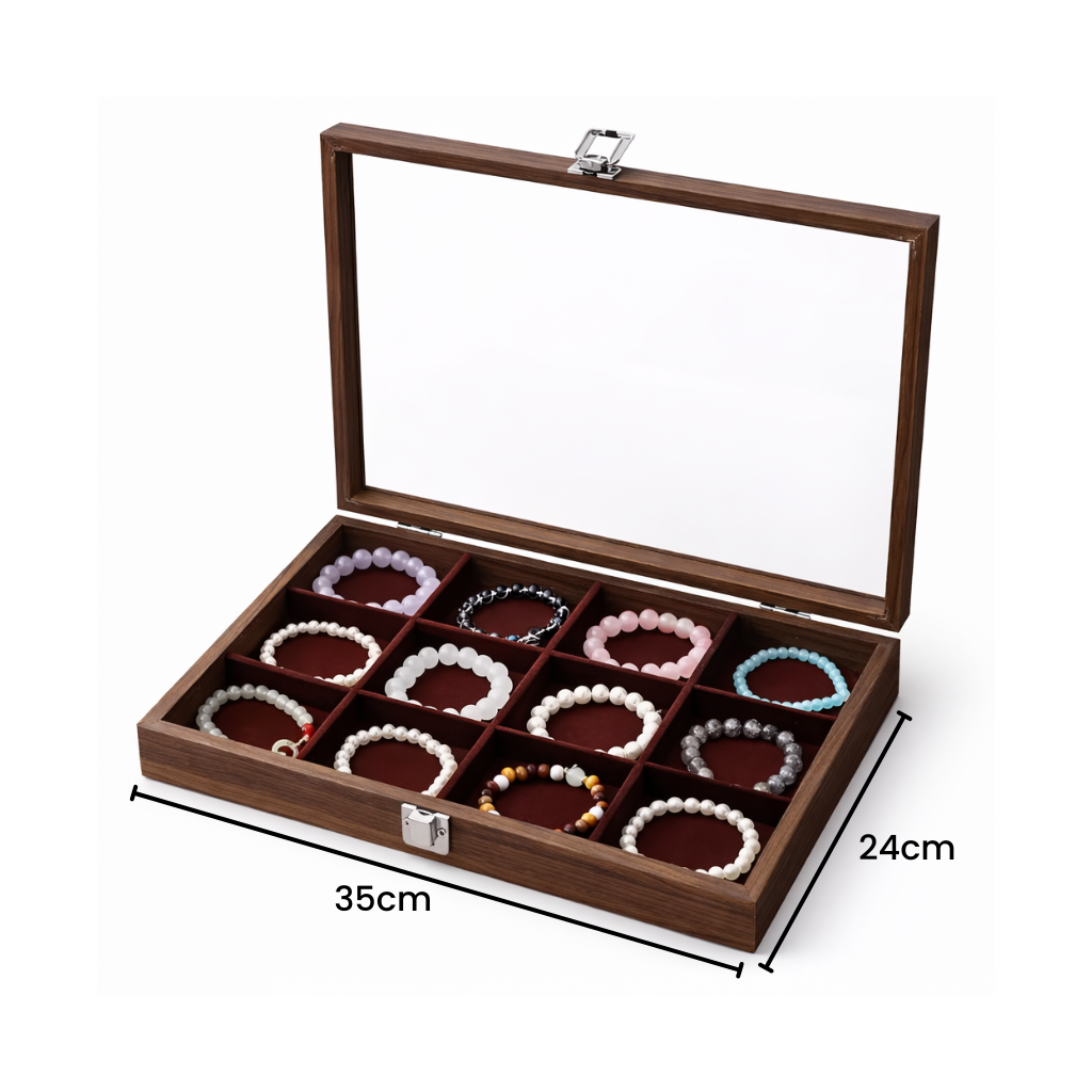 Boîte à bracelets en bois avec couvercle transparent et compartiments