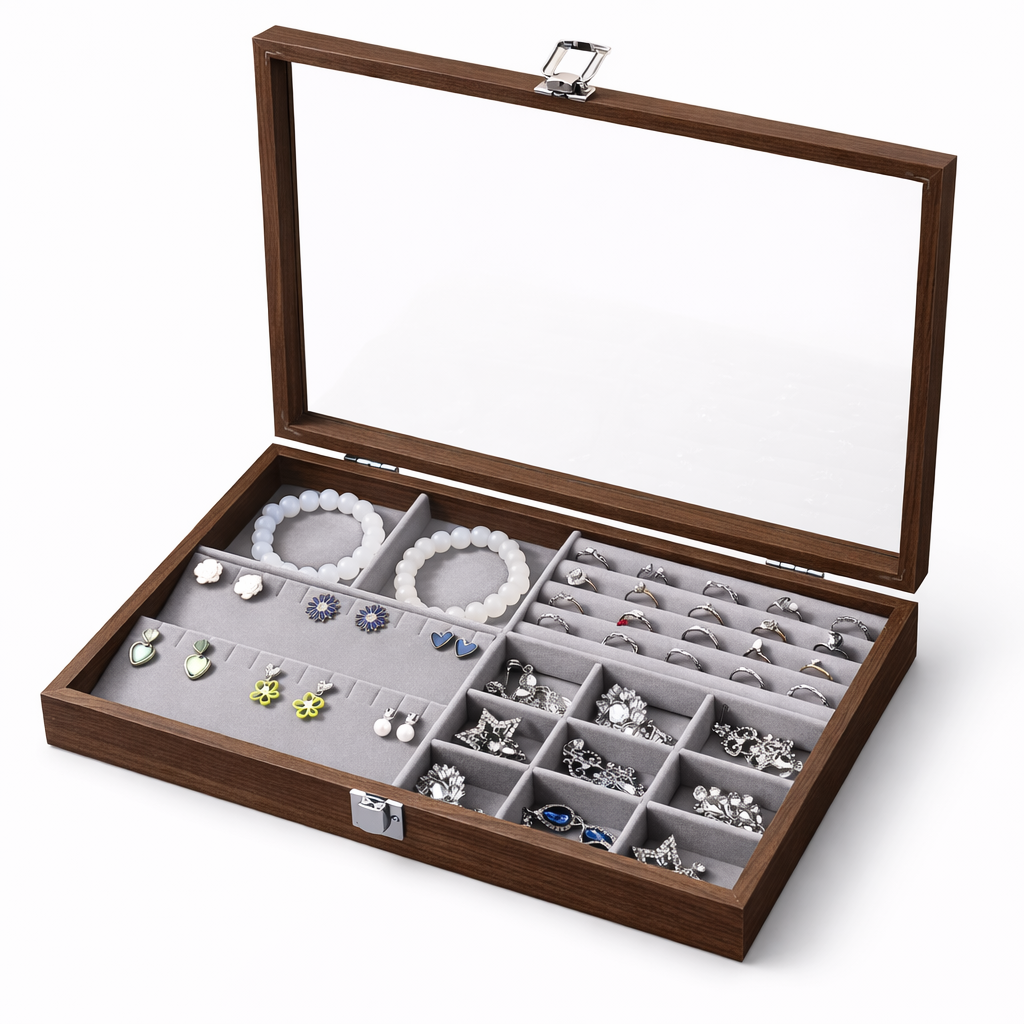 Boîte à bijoux en bois avec couvercle transparent et compartiments multiples