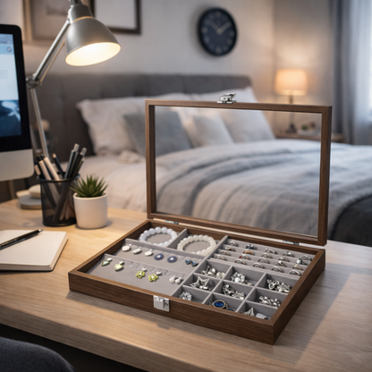 Boîte à bijoux en bois avec couvercle transparent et compartiments multiples