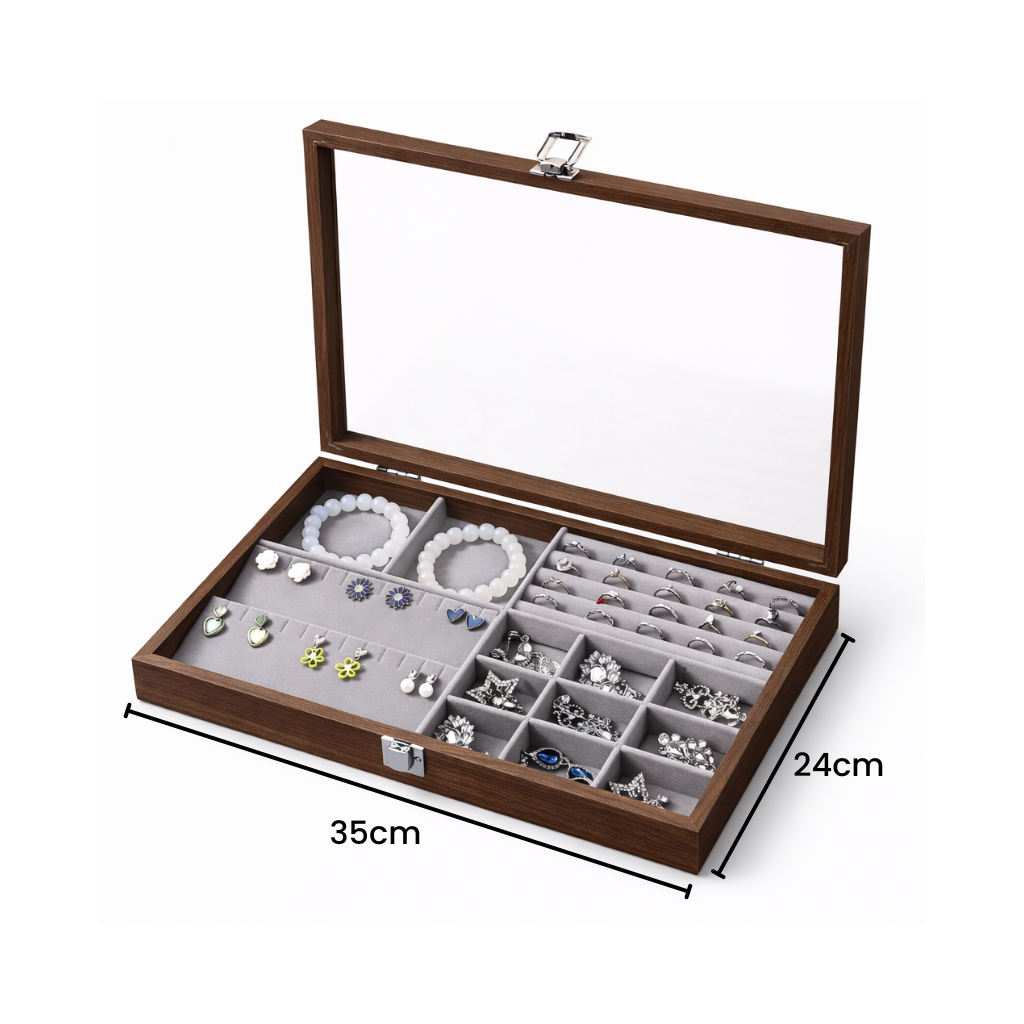 Boîte à bijoux en bois avec couvercle transparent et compartiments multiples