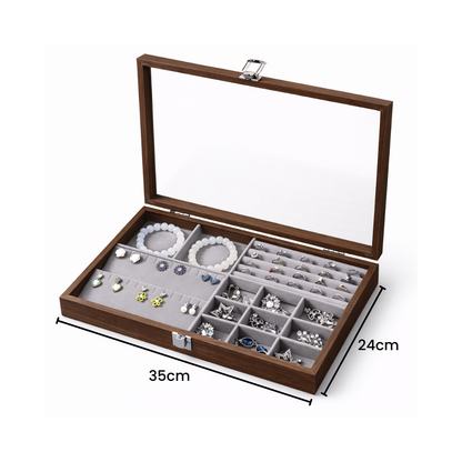 Boîte à bijoux en bois avec couvercle transparent et compartiments multiples