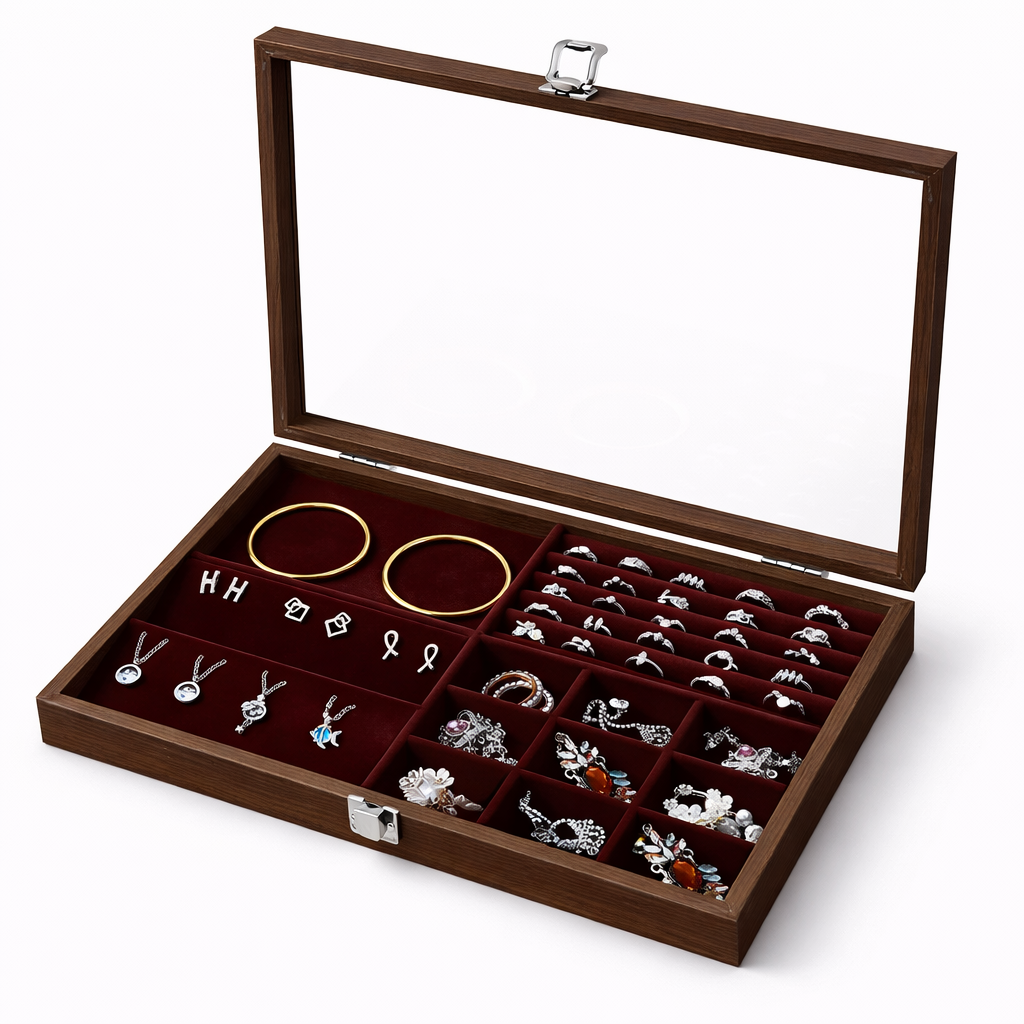 Boîte à bijoux en bois avec couvercle transparent et compartiments multiples